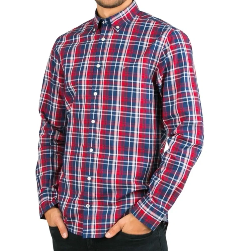Tommy Hilfiger Navy, Red & White Flannel Checkered Button Down Shirt Size small - Picture 1 of 17